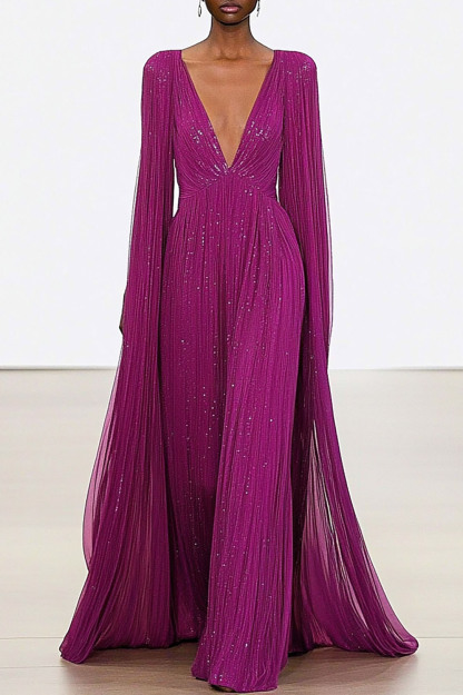 Formal Evening Dress Mesh Deep V Sequin Purple Cape Maxi Dress