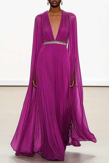 Formal Evening Dress Tulle Deep V Rhinestone Belted Cape Floor-Length Dress