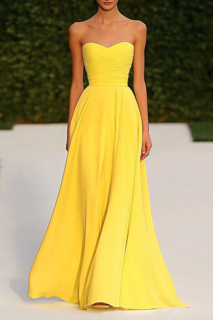 Formal Evening Strapless Dress Yellow Classic Floor-length Gown