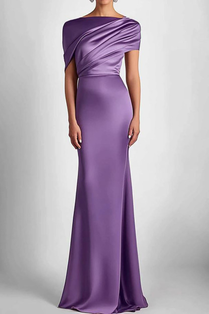 Elegant Satin Dress Layered Short Sleeve Asymmetrical Neck Floor-length Dress