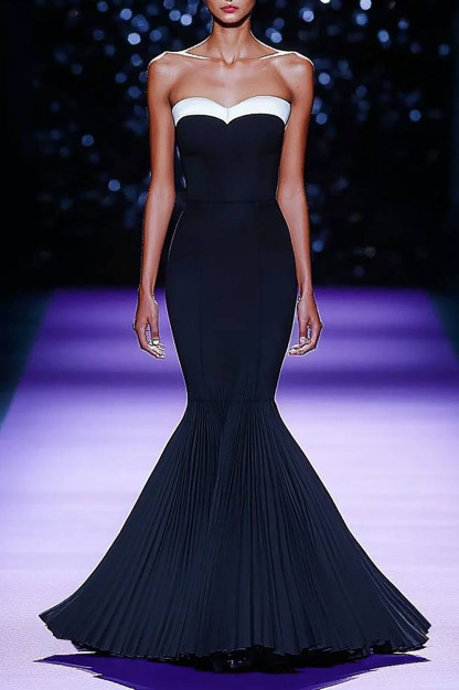 Formal Evening Dress Color-block Pleated Mermaid Strapless Floor-Length Dress