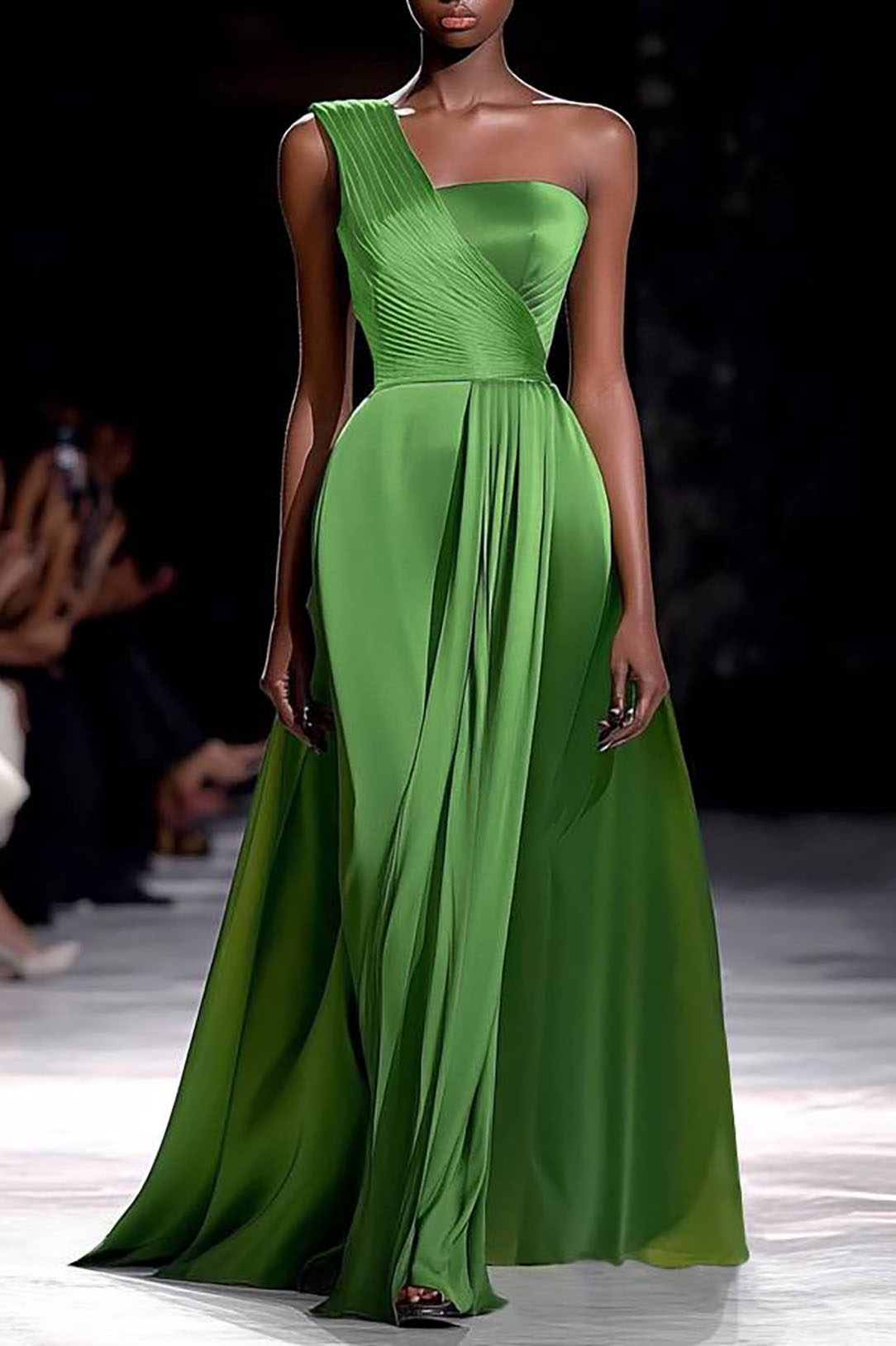 Formal Prom Dress Green Satin One-Shoulder Pleated Floor-Length Dress