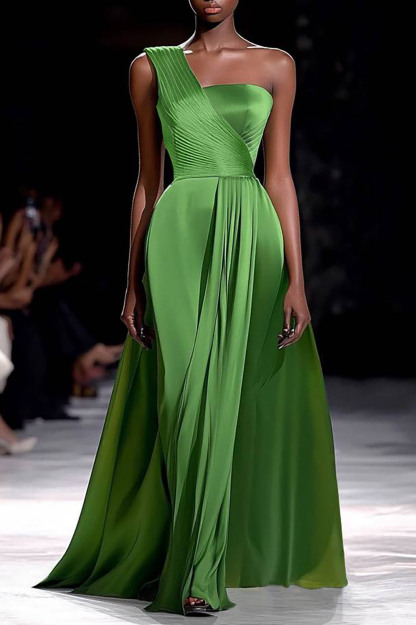 Formal Prom Dress Green Satin One-Shoulder Pleated Floor-Length Dress