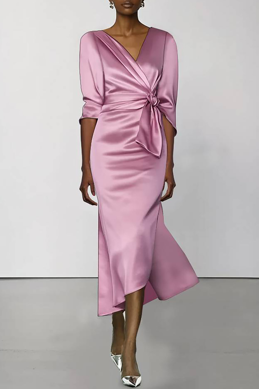 Wedding Guest Party Satin Dress Cross Neck Half Sleeve Mid-Length Dress