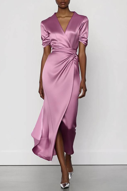 Wedding Guest Party Satin Dress Light Purple Cross Neck Short Sleeve Maxi Dress