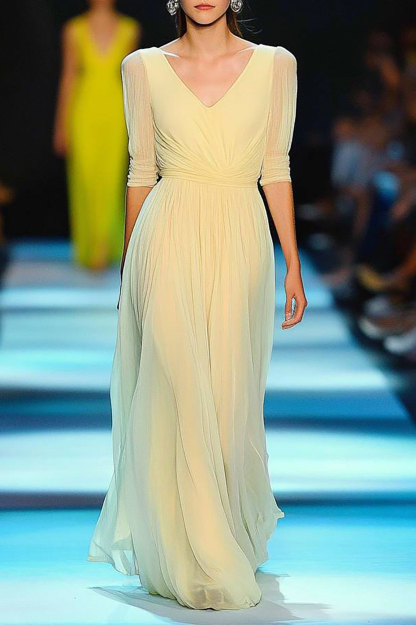 Evening Formal Chiffon Dress Light Yellow V-Neck Half Sleeve Floor-Length Dress