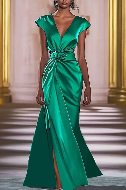 Evening Party Satin Dress Green Deep V-neck Slit Maxi Dress