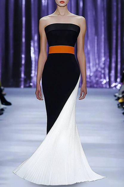 Evening Formal Strapless Dress Black-White Color Block Orange Belt Pleated Maxi Dress