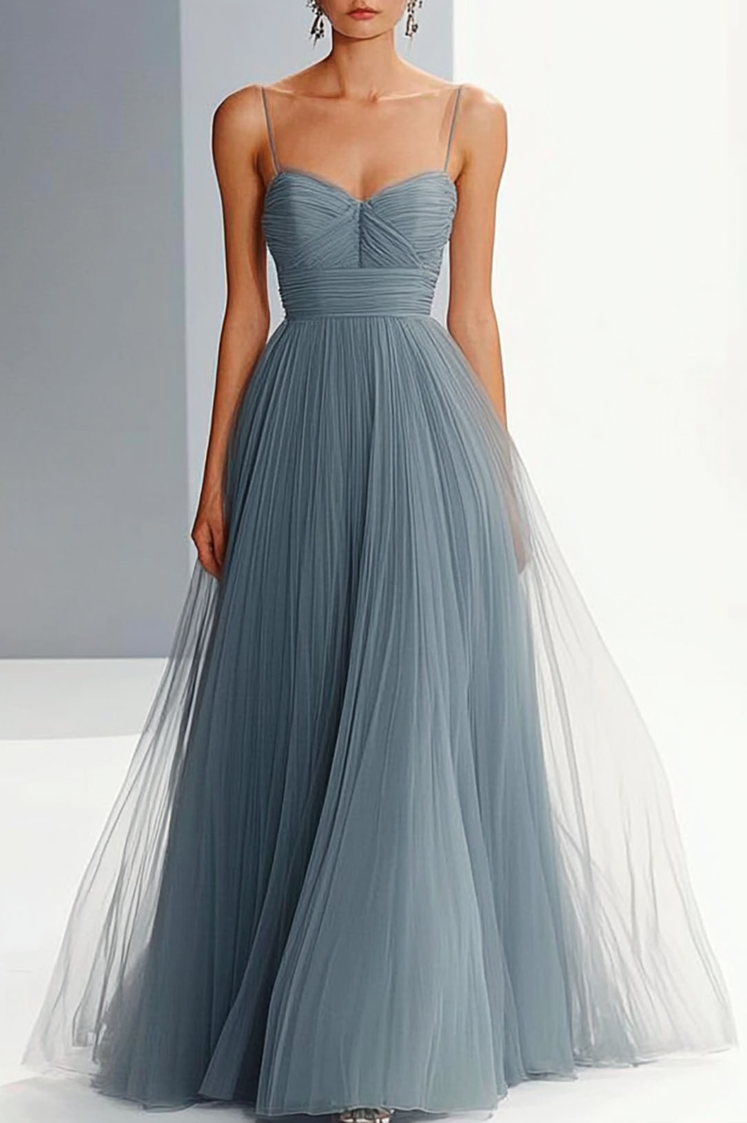 Prom Party Slip Dress Grey Blue Pleated Mesh Maxi Dress