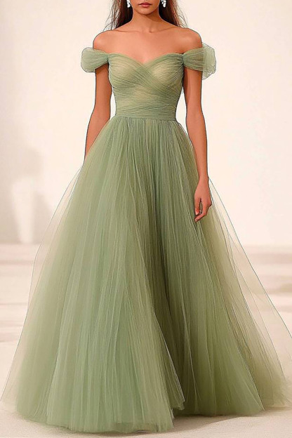 Formal Prom Mesh Dress Light Green Off-Shoulder Pleated Maxi Dress
