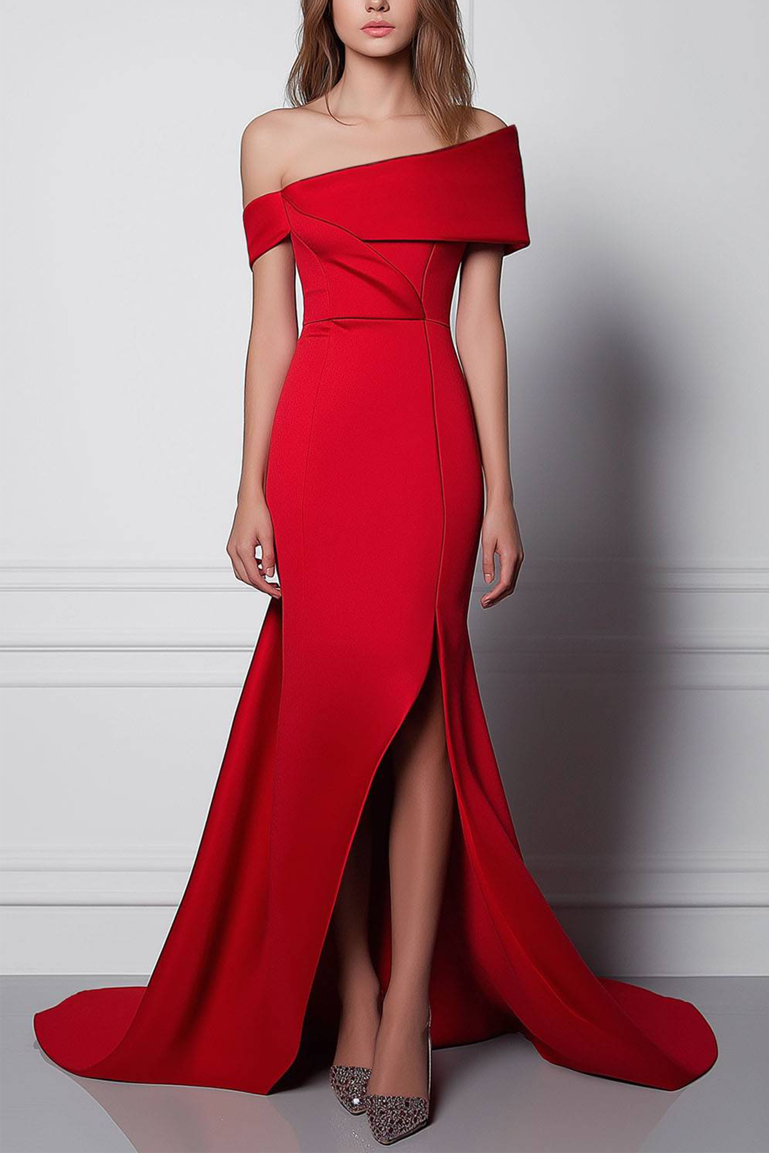 Party Prom Red Dress One Shoulder Split Floor Length Dress