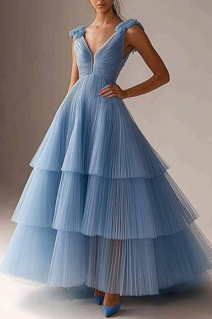 Formal Prom Tiered Dress Pleated Blue V-Neck Sleeveless Maxi Dress