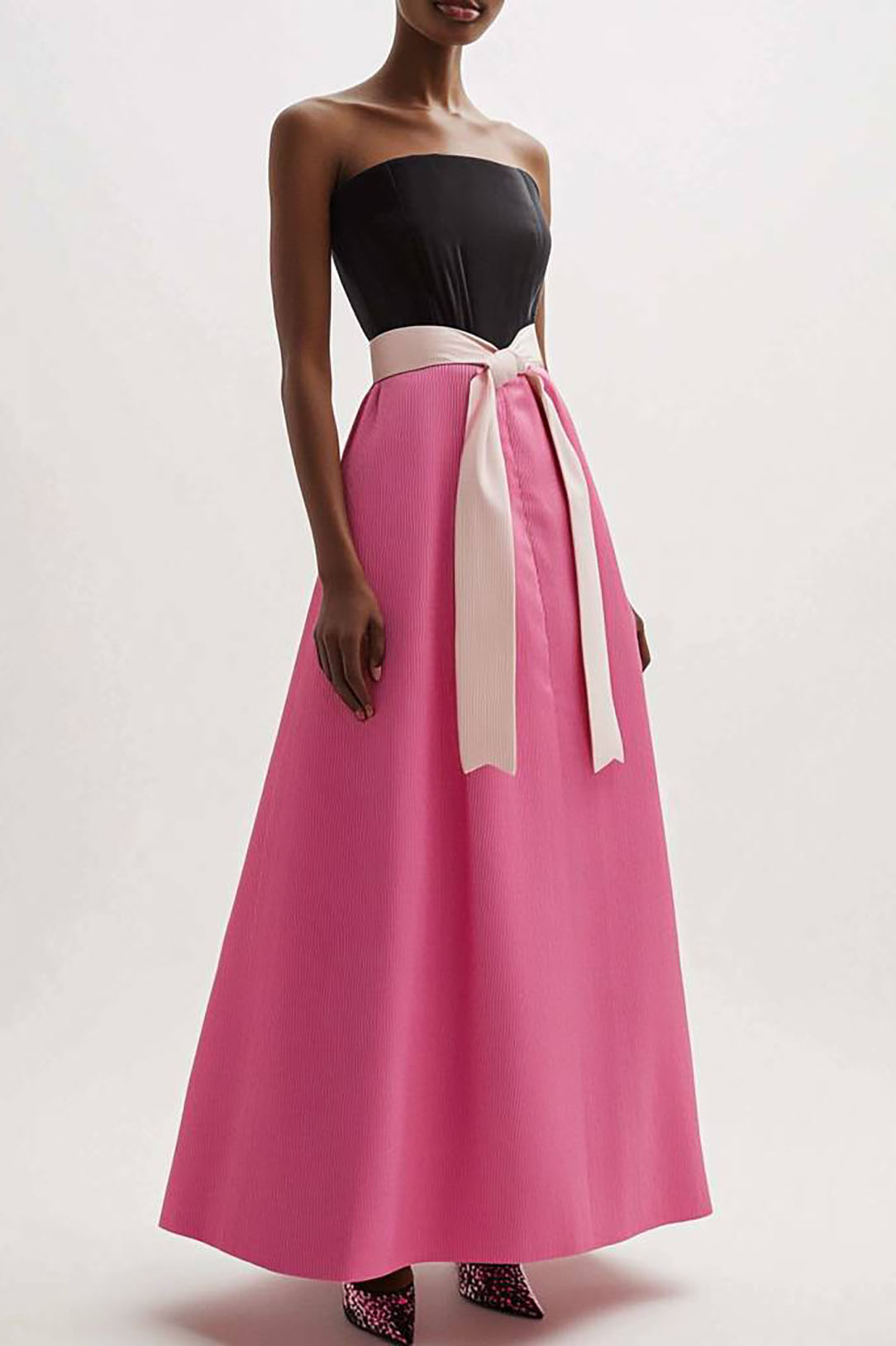 Prom Party Color Block Dress Strapless Black and Pink Belted Maxi Dress