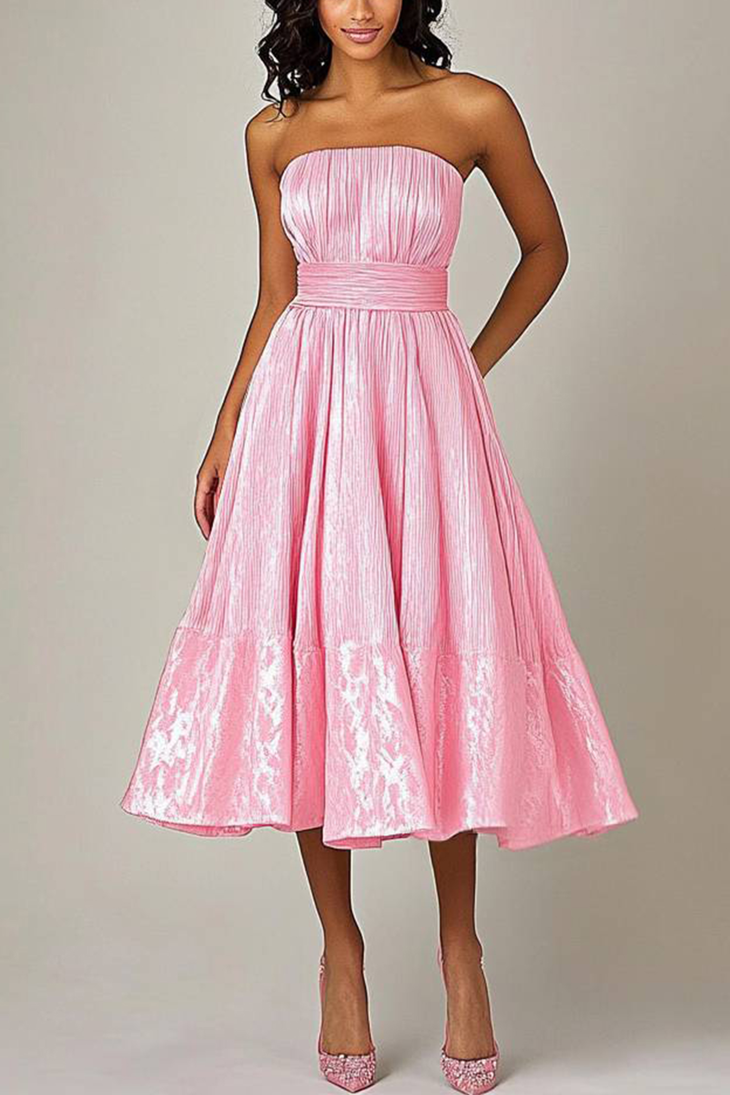 Prom Party Dress Off-Shoulder Pink Belt Pleated Midi Graduation Gown