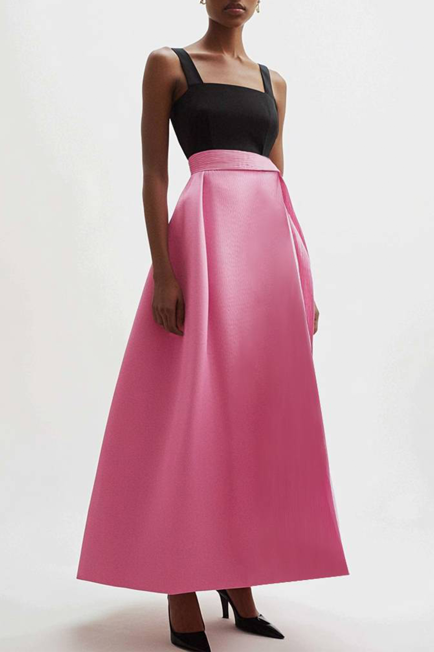 Prom Party Color Block Dress Strap Black and Pink Belted Maxi Dress