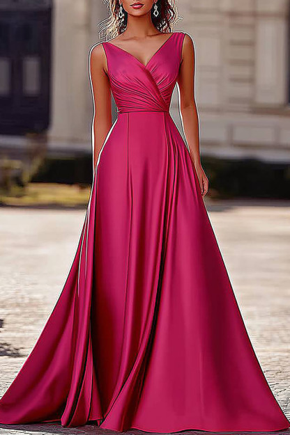Formal Prom Evening Gown Satin Cross Neck Rose Sleeveless Maxi Dress