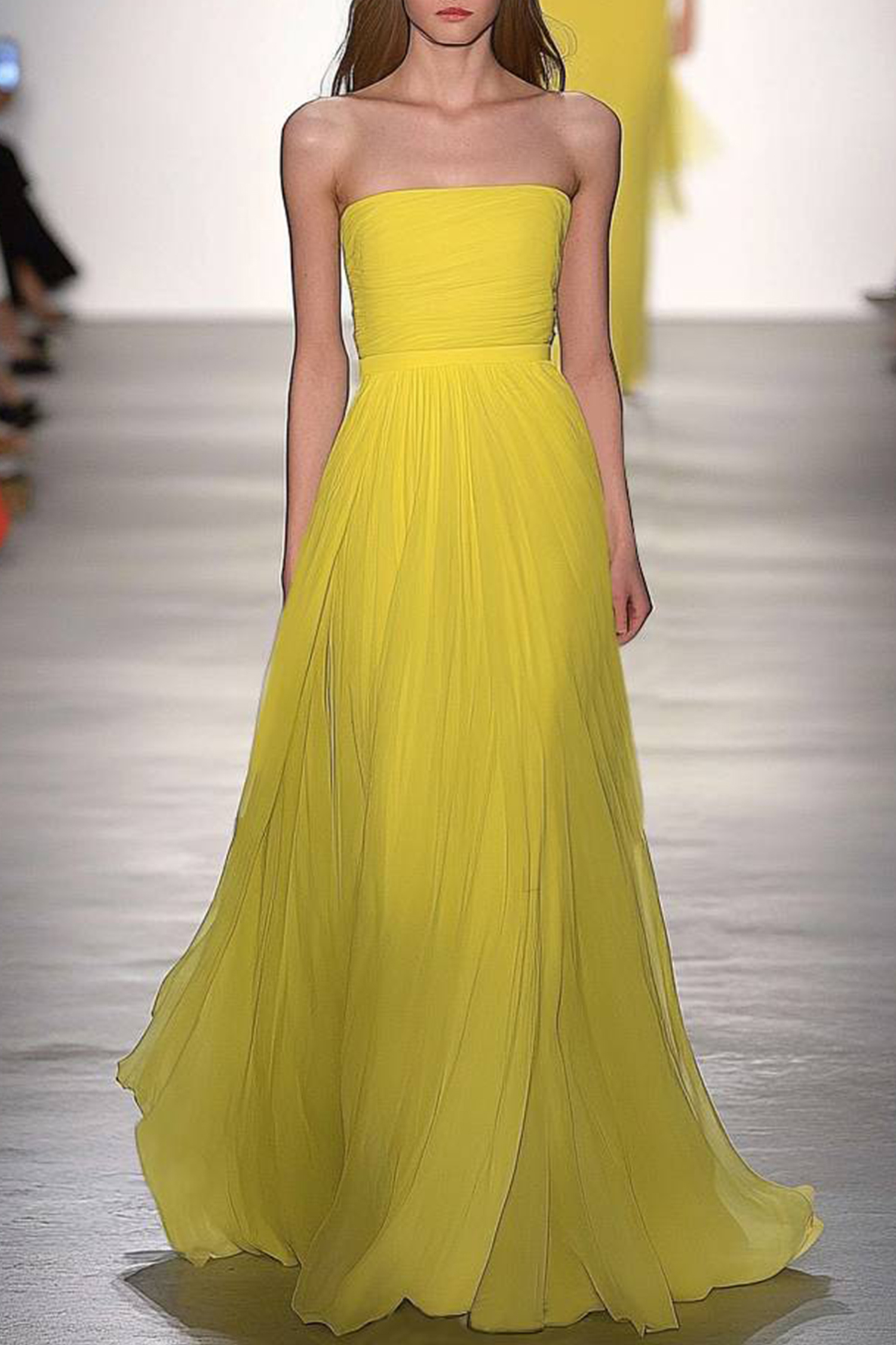 Evening Prom Mesh Yellow Dress Strapless Pleated Floor Length Dress