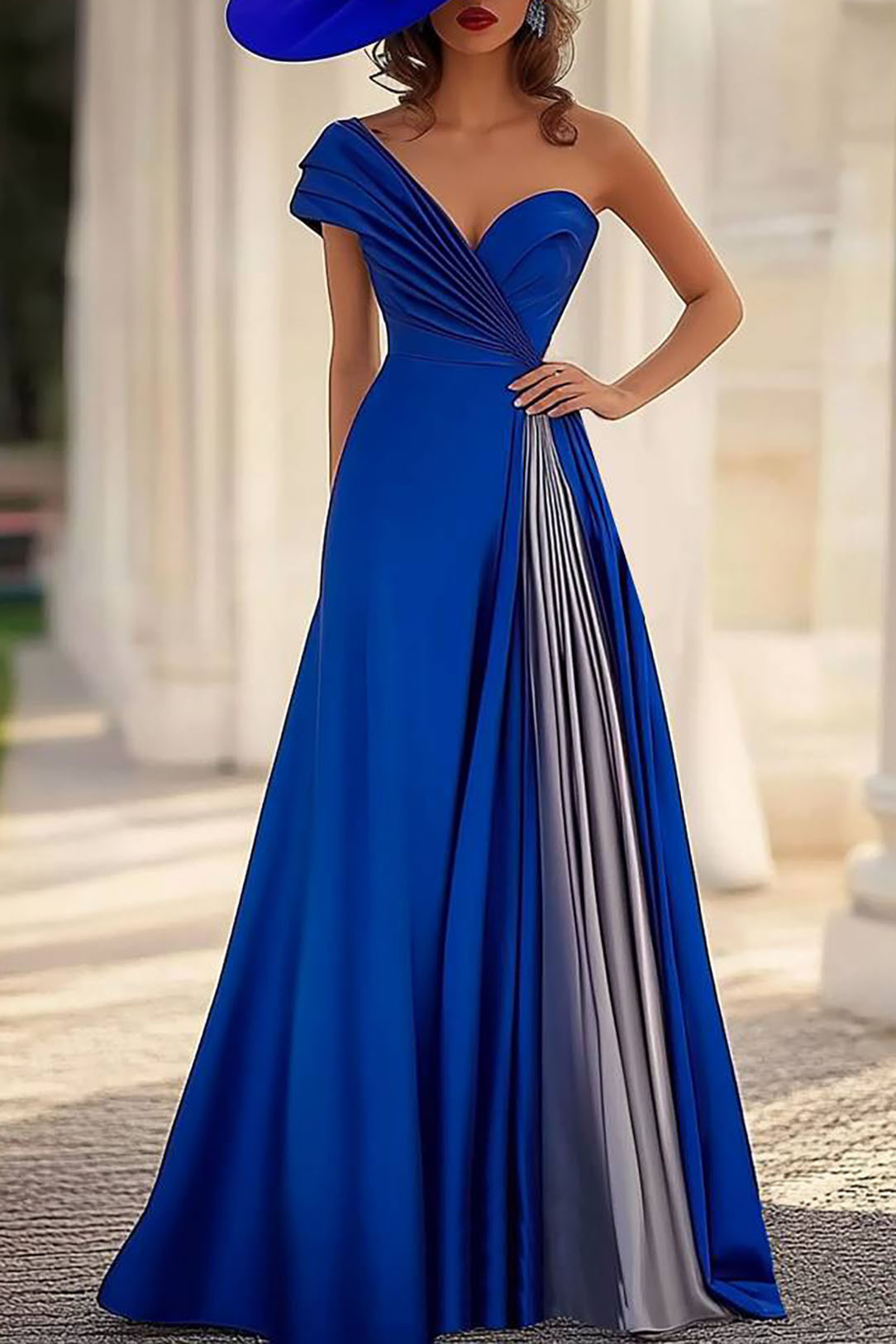 Evening Prom One-Shoulder Dress Pleated Colorblock Maxi Dress