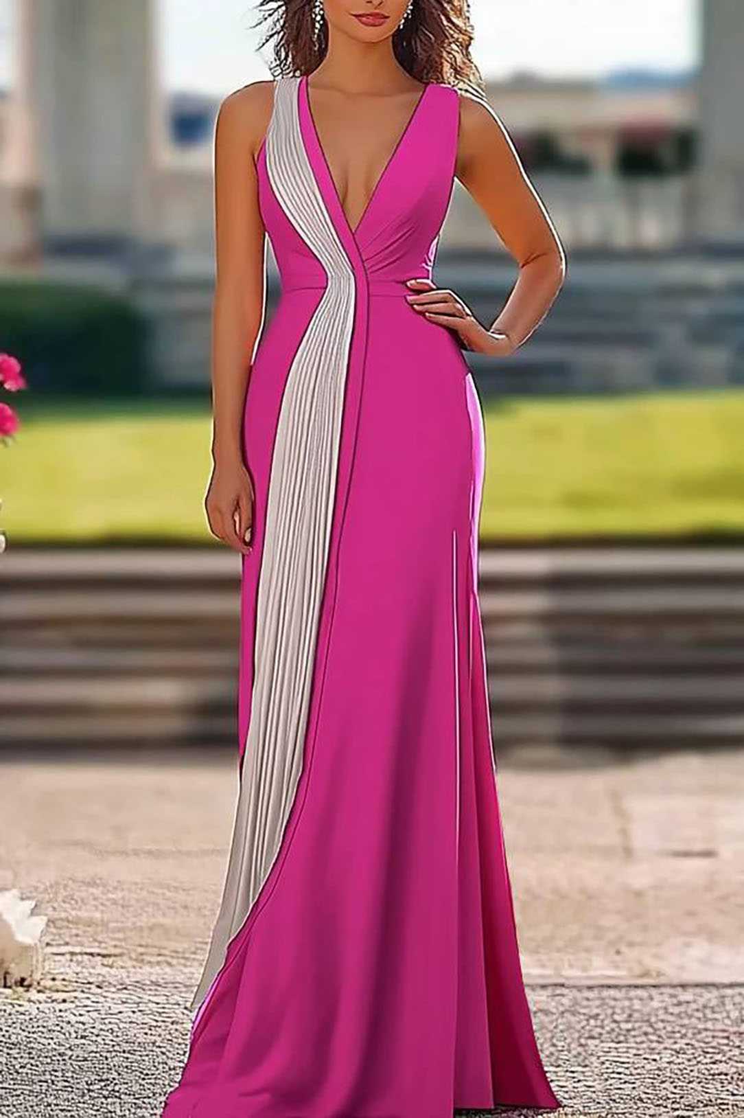 Party Prom Sleeveless Dress Deep V Color-block Maxi Dress