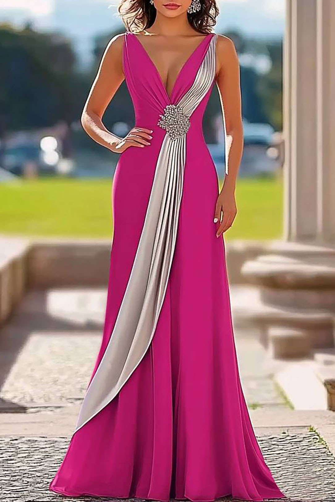 Formal Prom Dress Deep V Color-block with Rhinestone Floor-length Dress