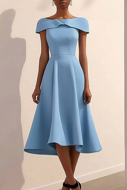 Semi-Formal Party Dress Blue Boat Neck Midi Dress