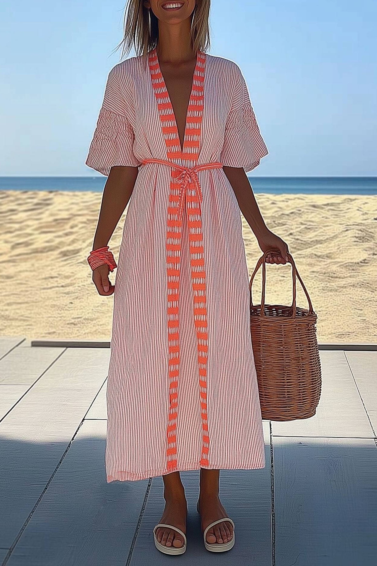 Vacation Casual Dress Orange Stripe Deep V Tie-Up Maxi Dress