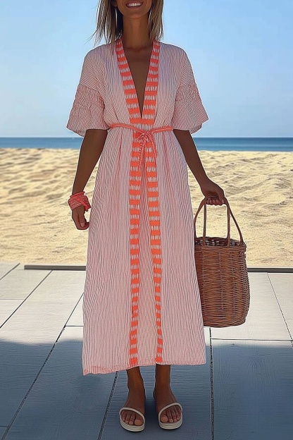Vacation Casual Dress Orange Stripe Deep V Tie-Up Maxi Dress