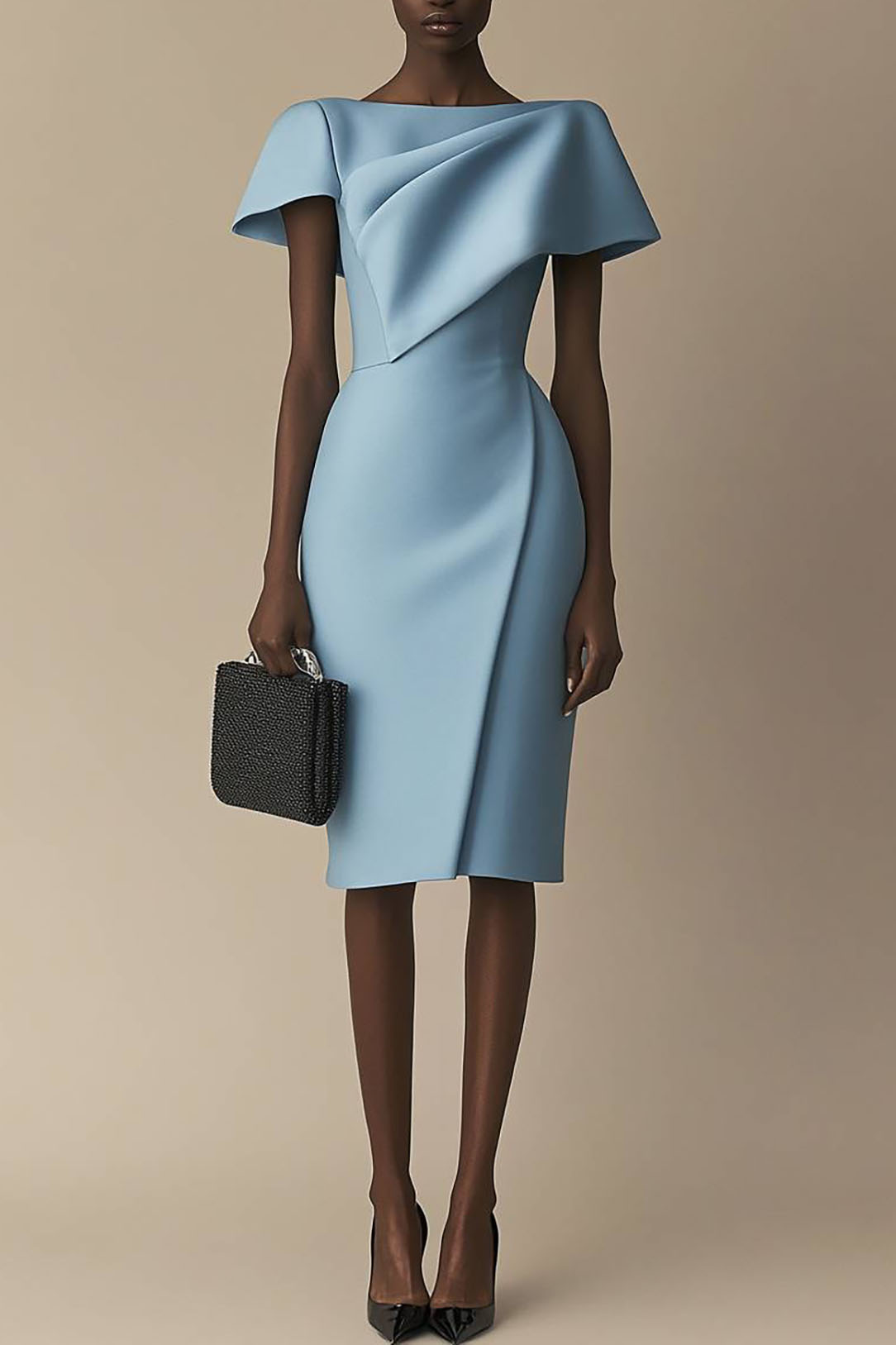 Semi-Formal Party Dress Blue Boat Neck Pleated Knee-Length Dress