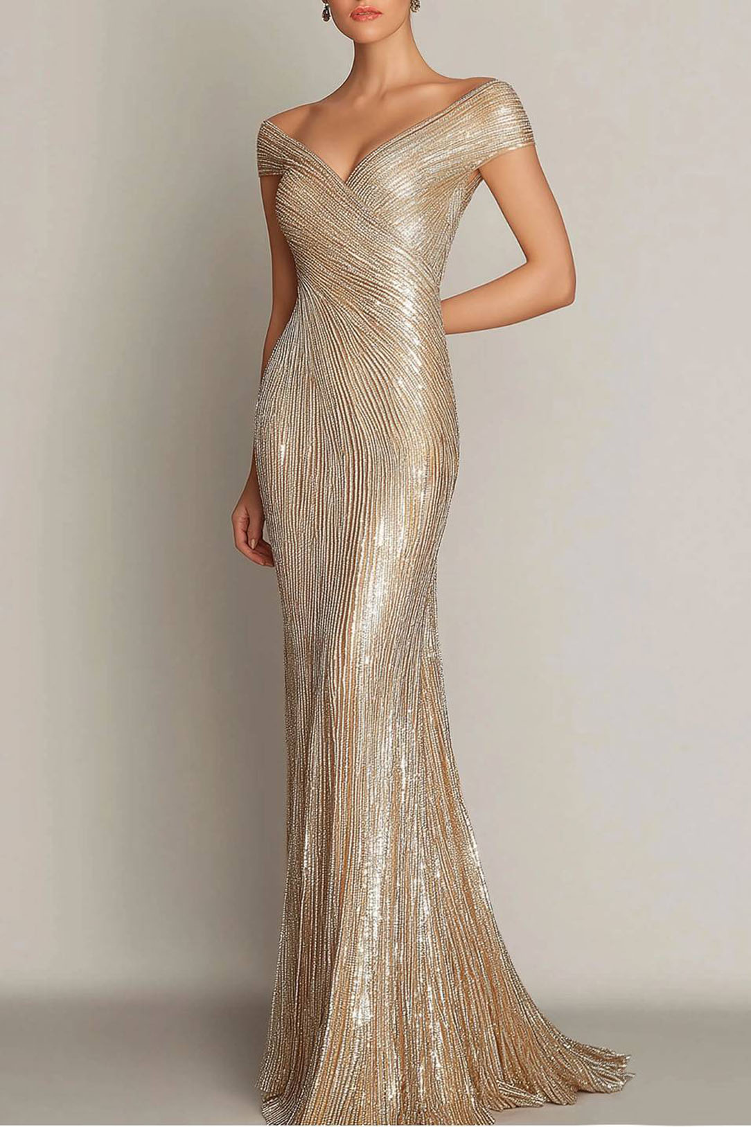Prom Party Gold Gown V-Neck Off-Shoulder Beaded Maxi Dress