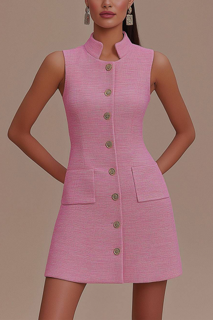 Party Prom Pink Dress High Neck Sleeveless Buttoned Mini Dress