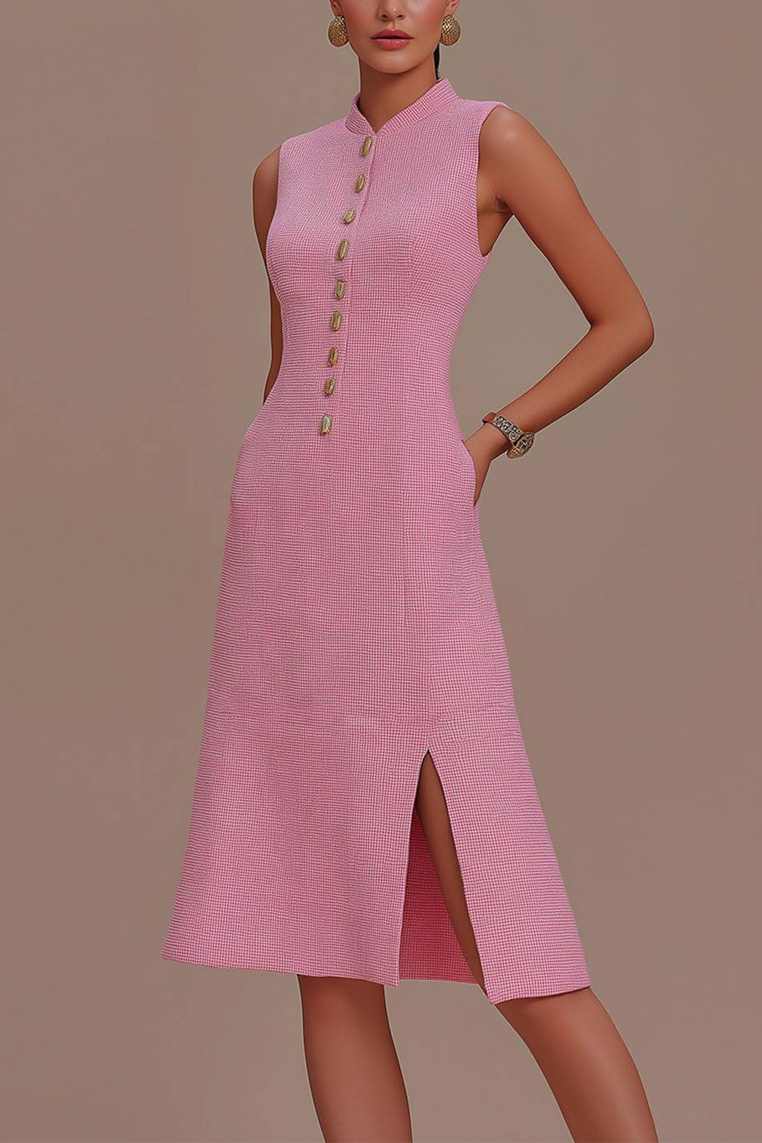 Semi-Formal Prom Pink Dress Sleeveless High Neck Buttoned Split Midi Dress
