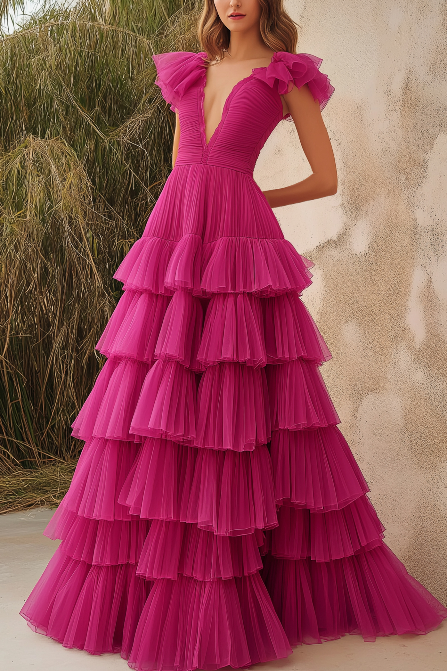 Formal Prom Rose Red Ball Gown Sleeveless V-Neck Tiered Pleated Maxi D