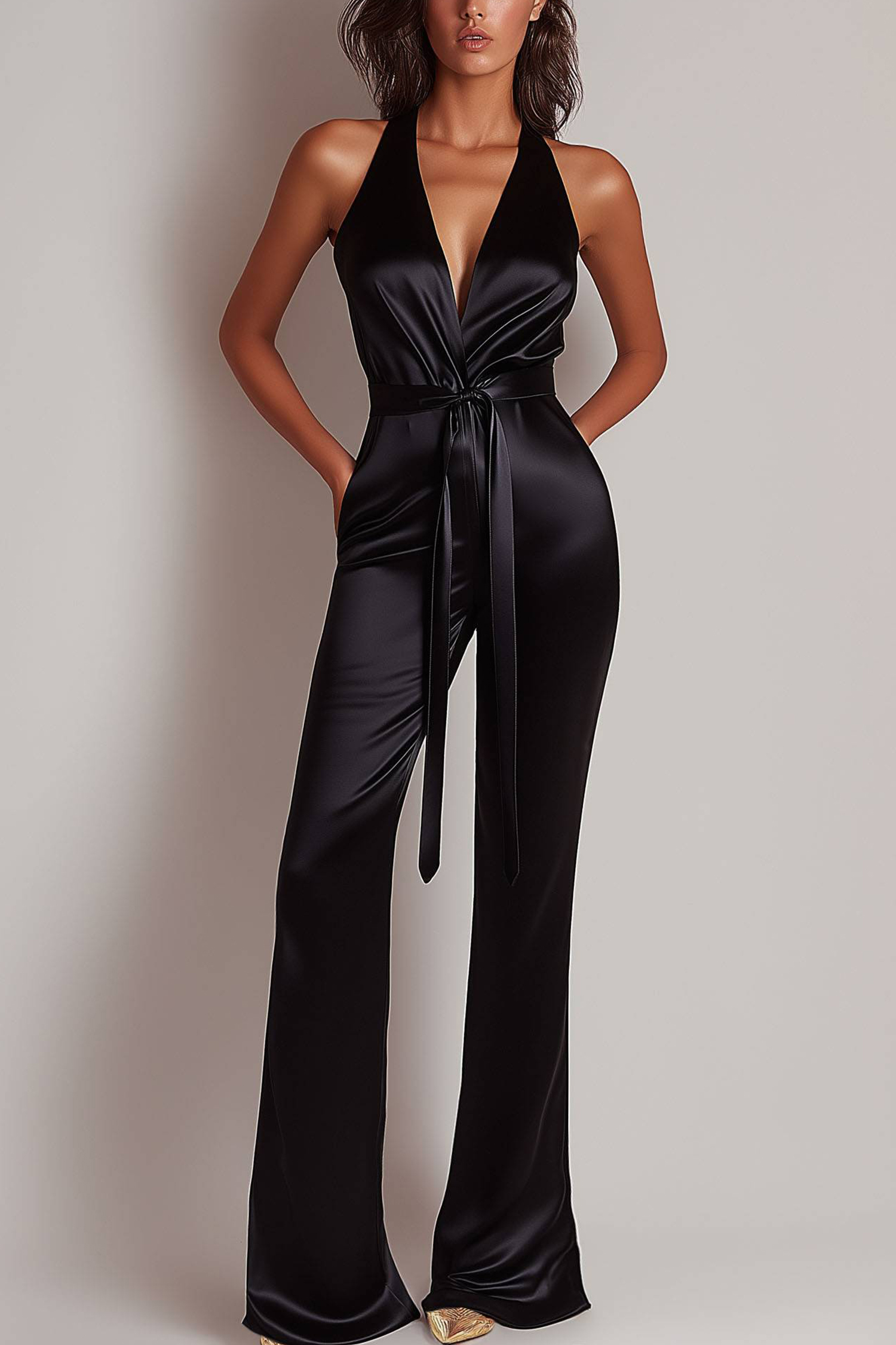 Party Prom Black Jumpsuit Halter Belted Satin Ruched Jumpsuit