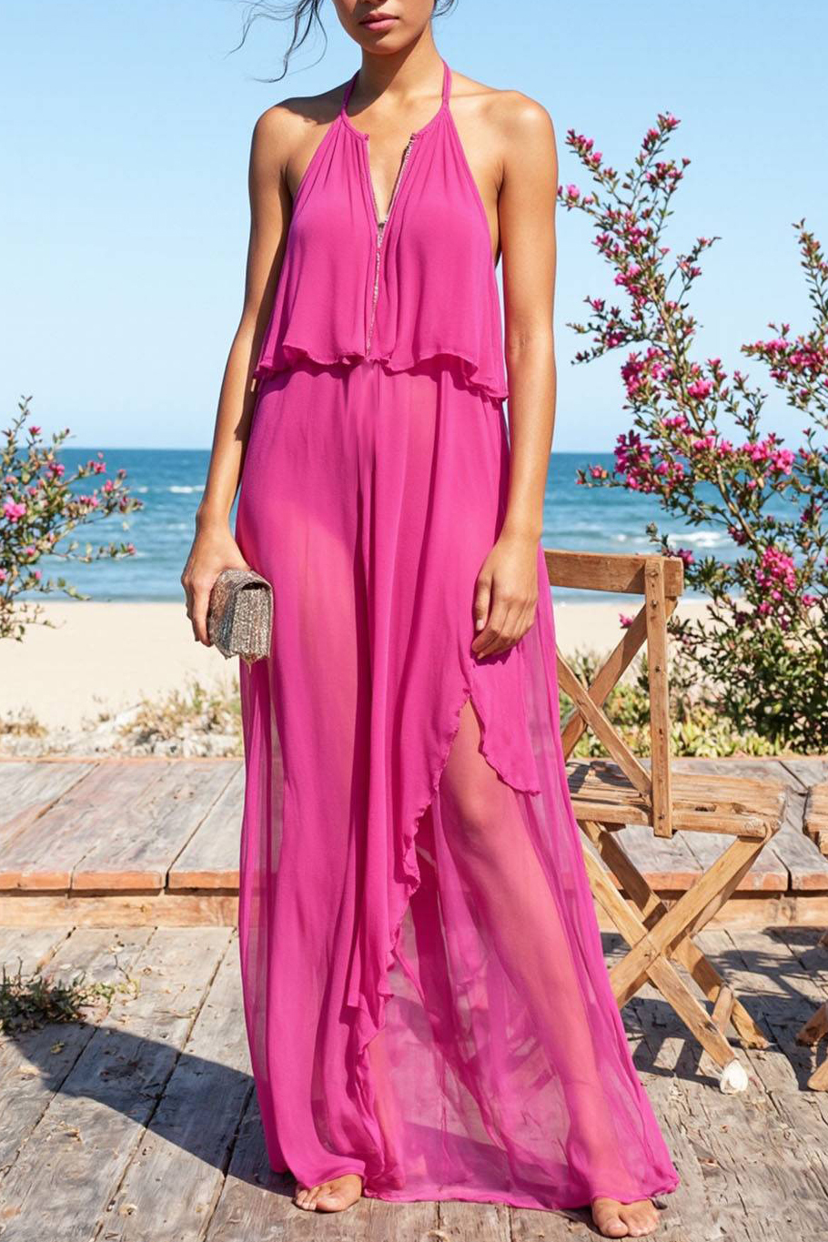 Casual Vacation Dress Fuchsia Halter Sleeveless Zipper Chiffon Maxi Dr