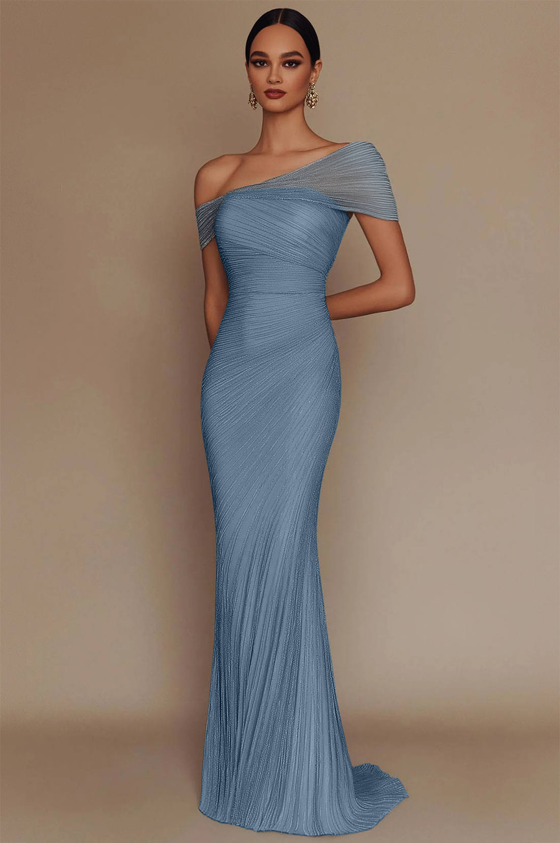 Evening Prom Light Blue Gown One Shoulder Glitter Pleated Maxi Dress