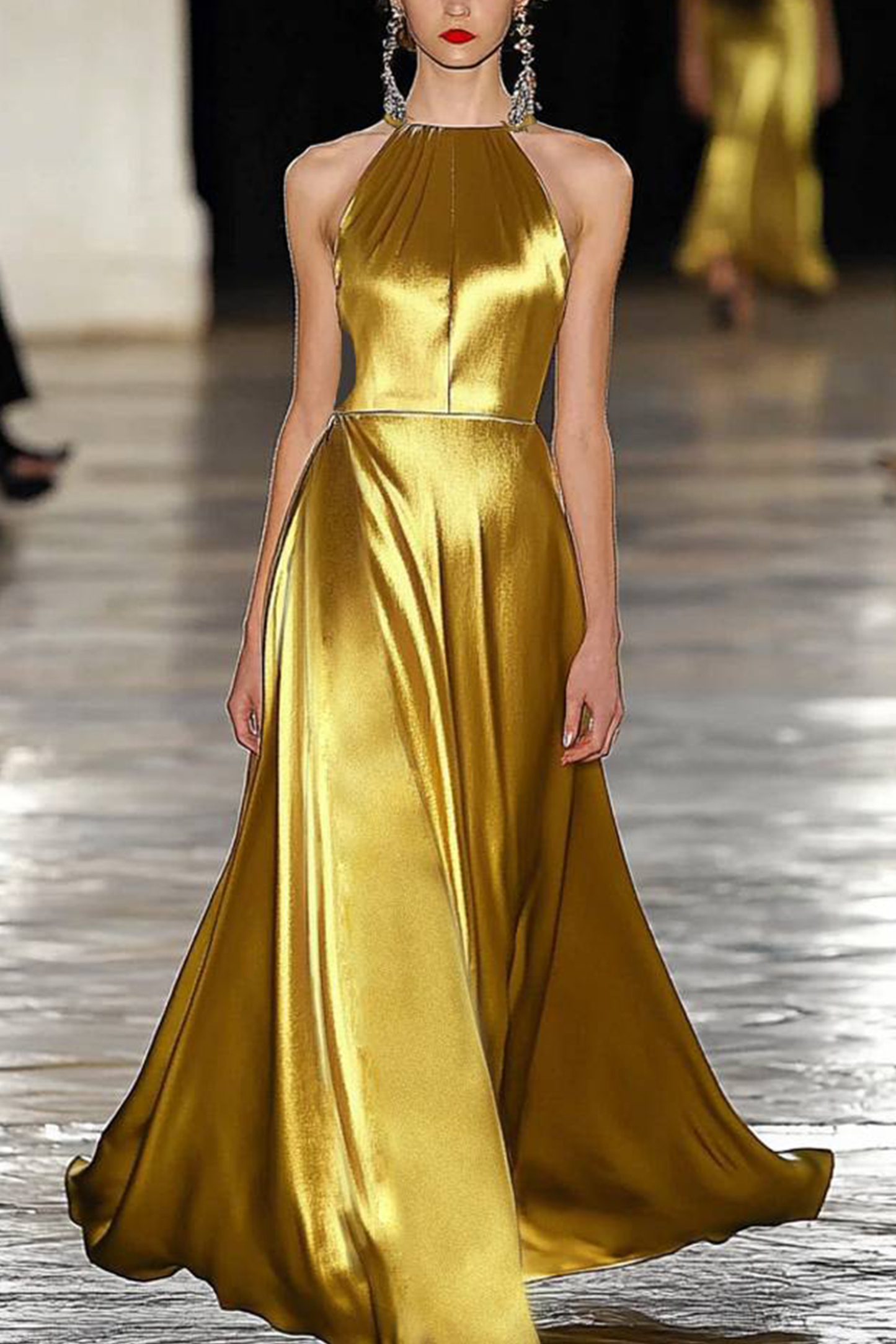 Cocktail Prom Gold Dress Sleeveless Satin Floor-Length Dress