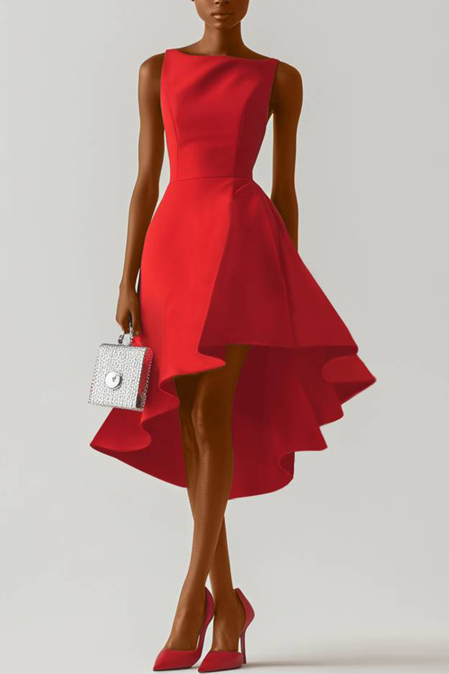 Evening Prom Red Dress Sleeveless Boat Neck Asymmetrical Midi Dress