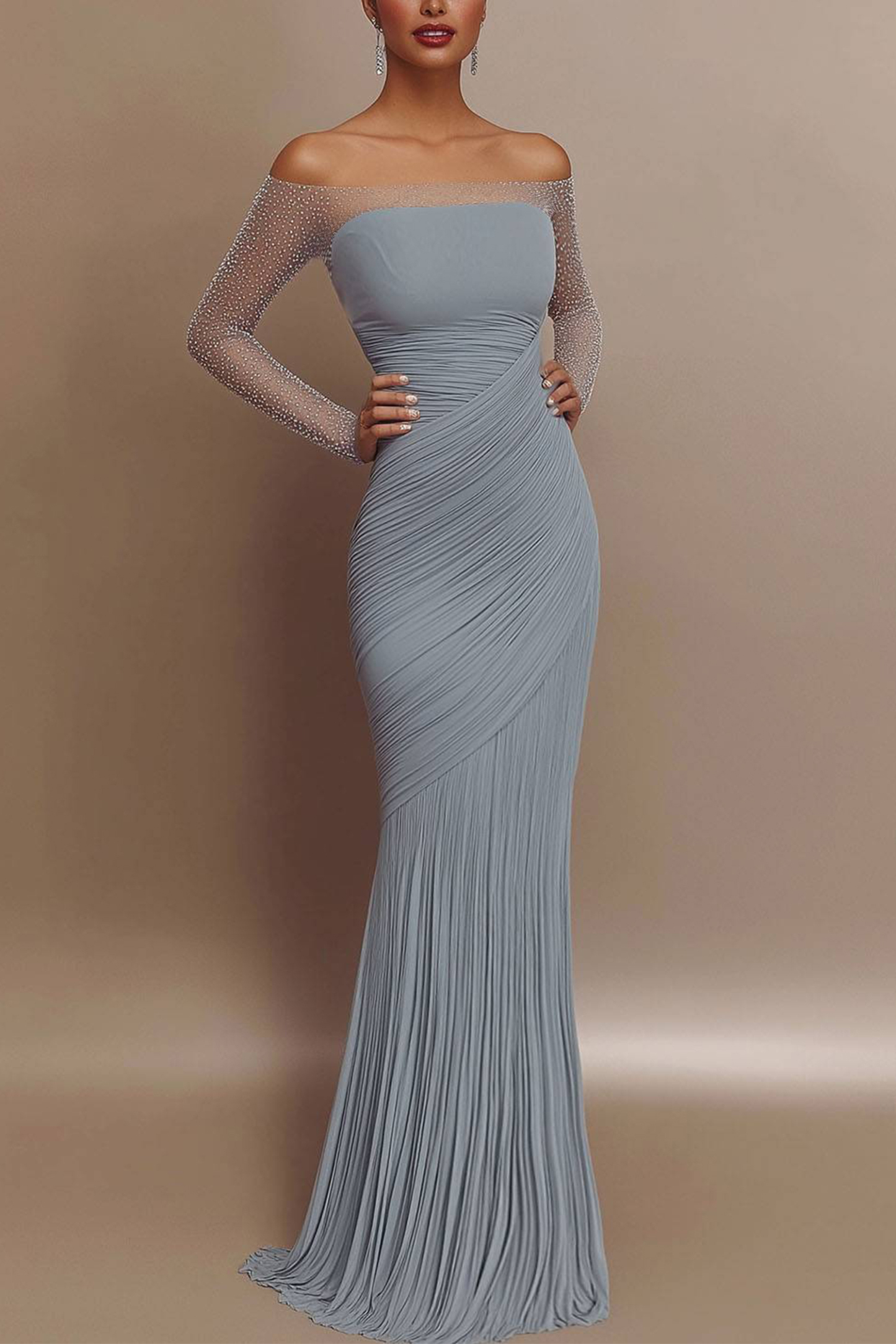 Evening Prom Gown Off Shoulder Glitter Pleated Light Blue Maxi Dress