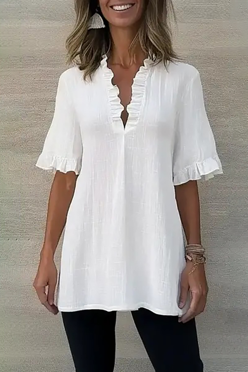 Casual Daily Top White Linen Ruffle V-neck Half-Sleeve Loose Top