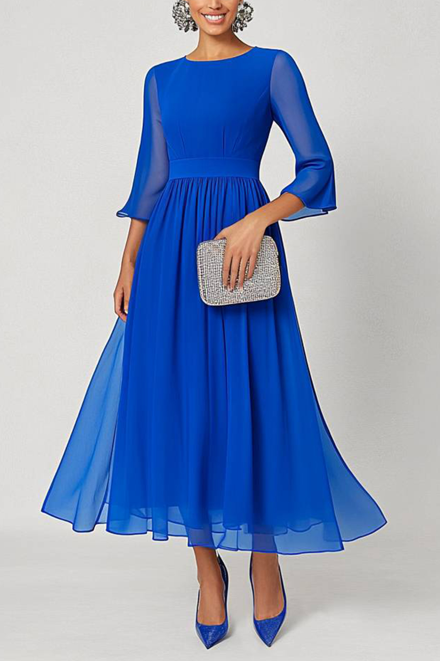 Party Prom Blue Dress Long Sleeve Round Neck Pleated Midi Dress