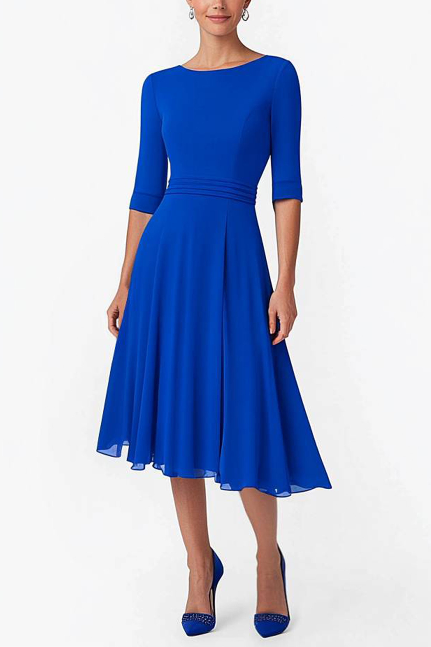 Party Prom Blue Dress Long Sleeve Round Neck Asymmetric Midi Dress