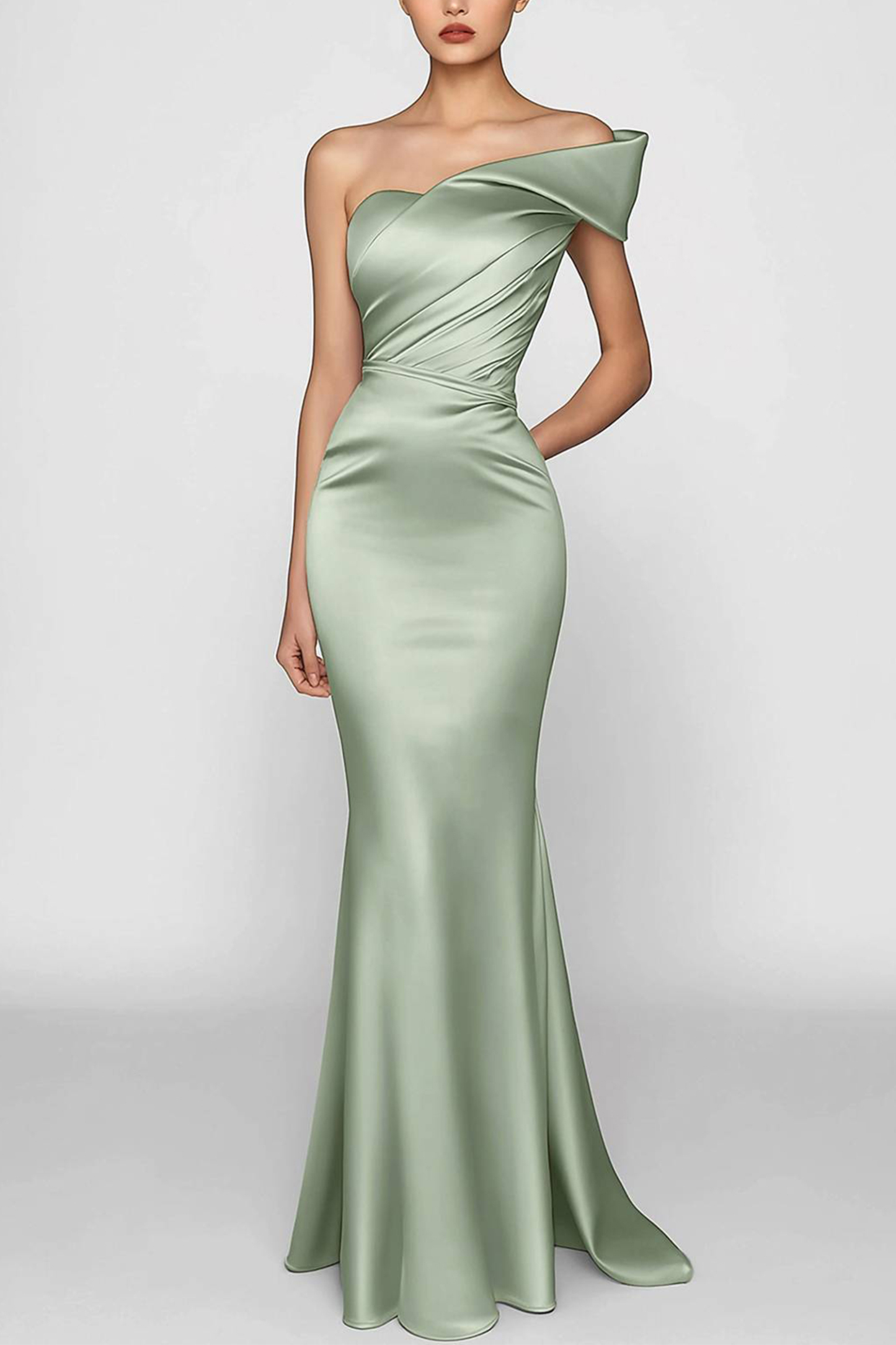 Evening Prom Sage Green Dress One Shoulder Satin Pleated Maxi Dress