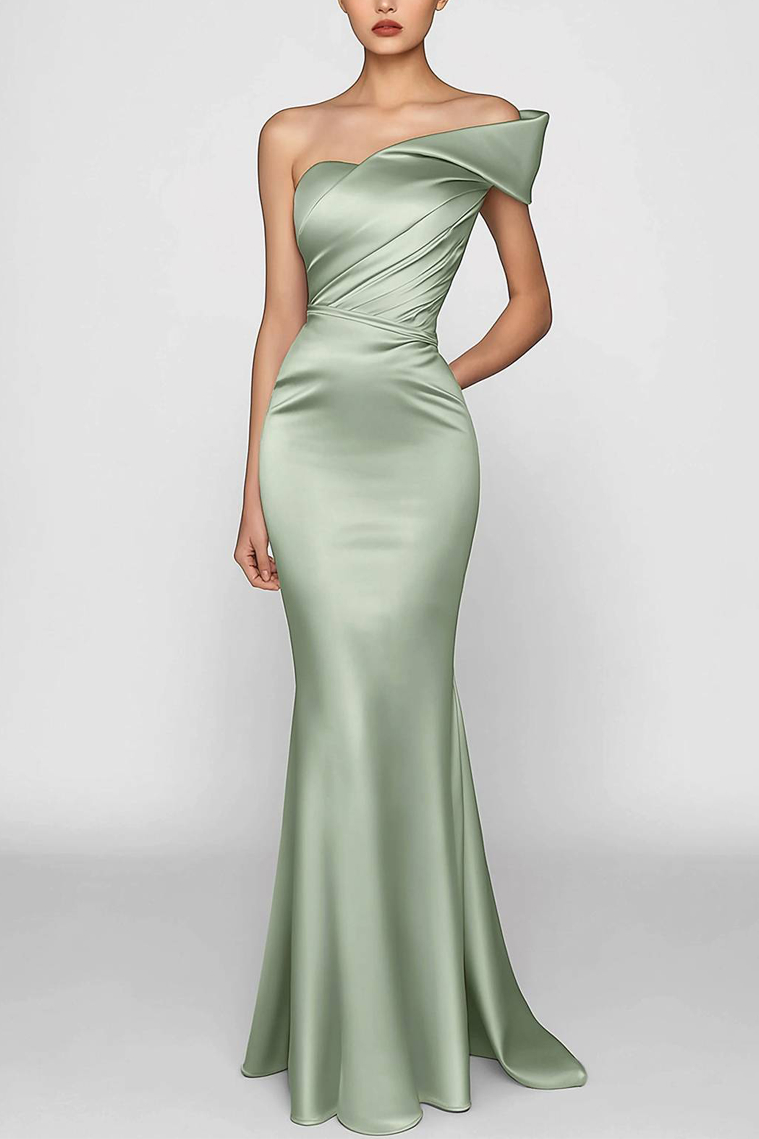 Evening Prom Sage Green Dress One Shoulder Satin Pleated Maxi Dress