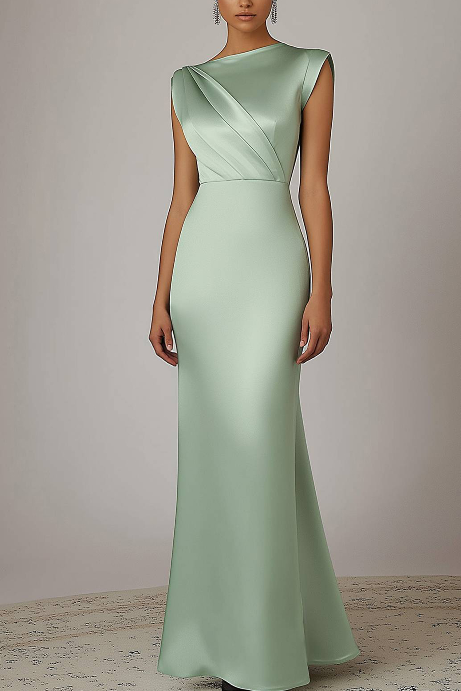 Party Prom Elegant Sage Green Dress Sleeveless Satin Pleated Maxi Dress