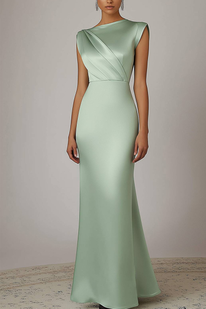 Party Prom Elegant Sage Green Dress Sleeveless Satin Pleated Maxi Dress