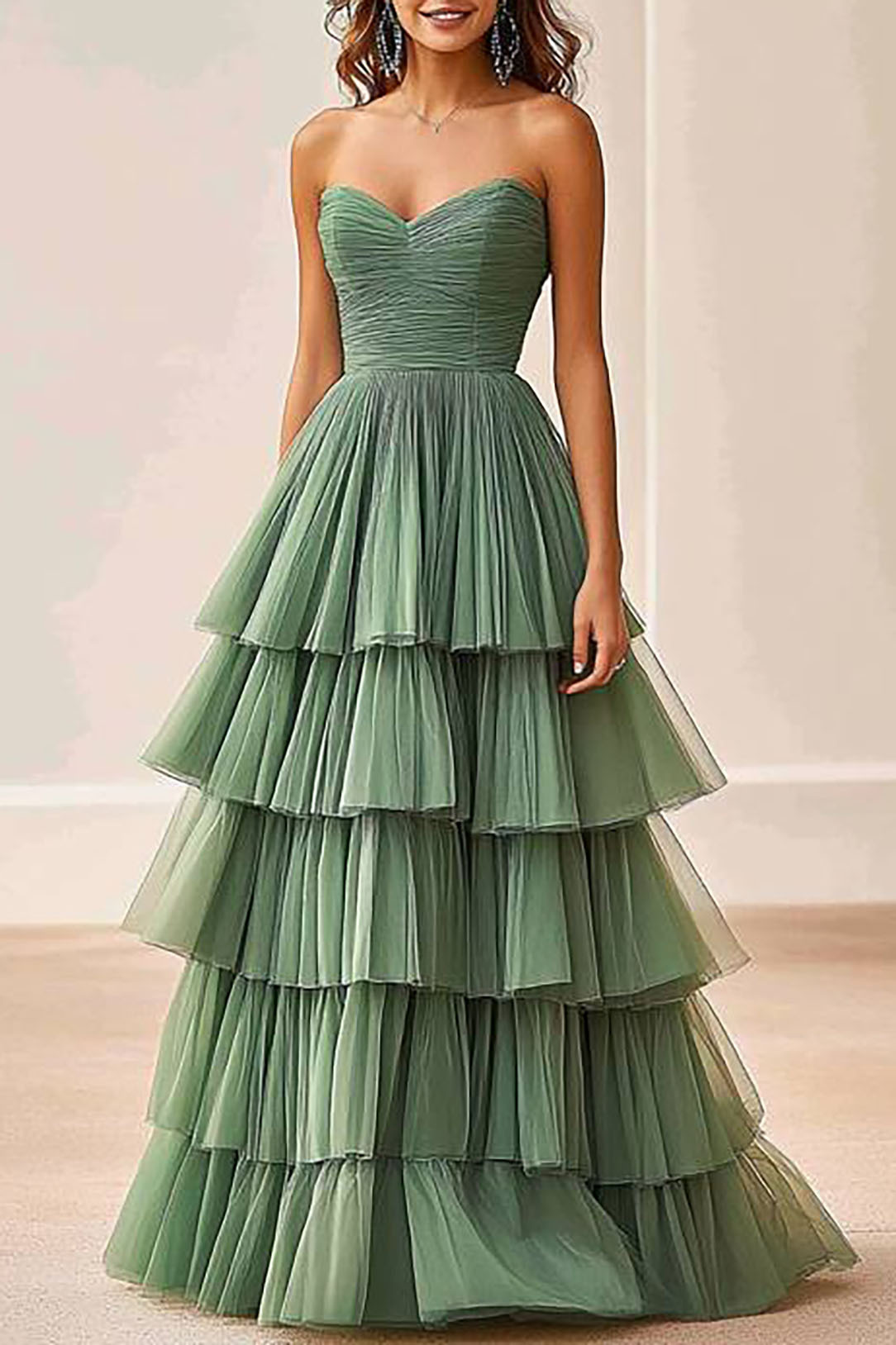 Party Prom Elegant Sage Green Dress Sleeveless Satin Pleated Maxi Dres