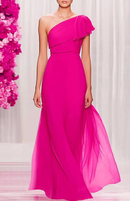 Formal Prom Dress Evening One-Shoulder Pink Floor Length Dress