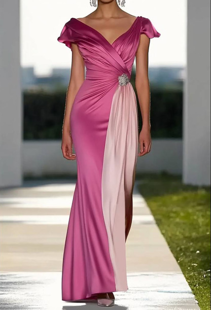 Party Prom Dress Evening Short Sleeve Pink Floor Length Dress