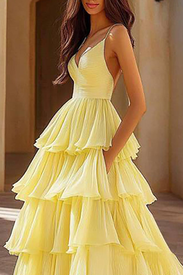 Party Holiday V-Neck Dress Pleated Yellow Spaghetti Strap Maxi Dress