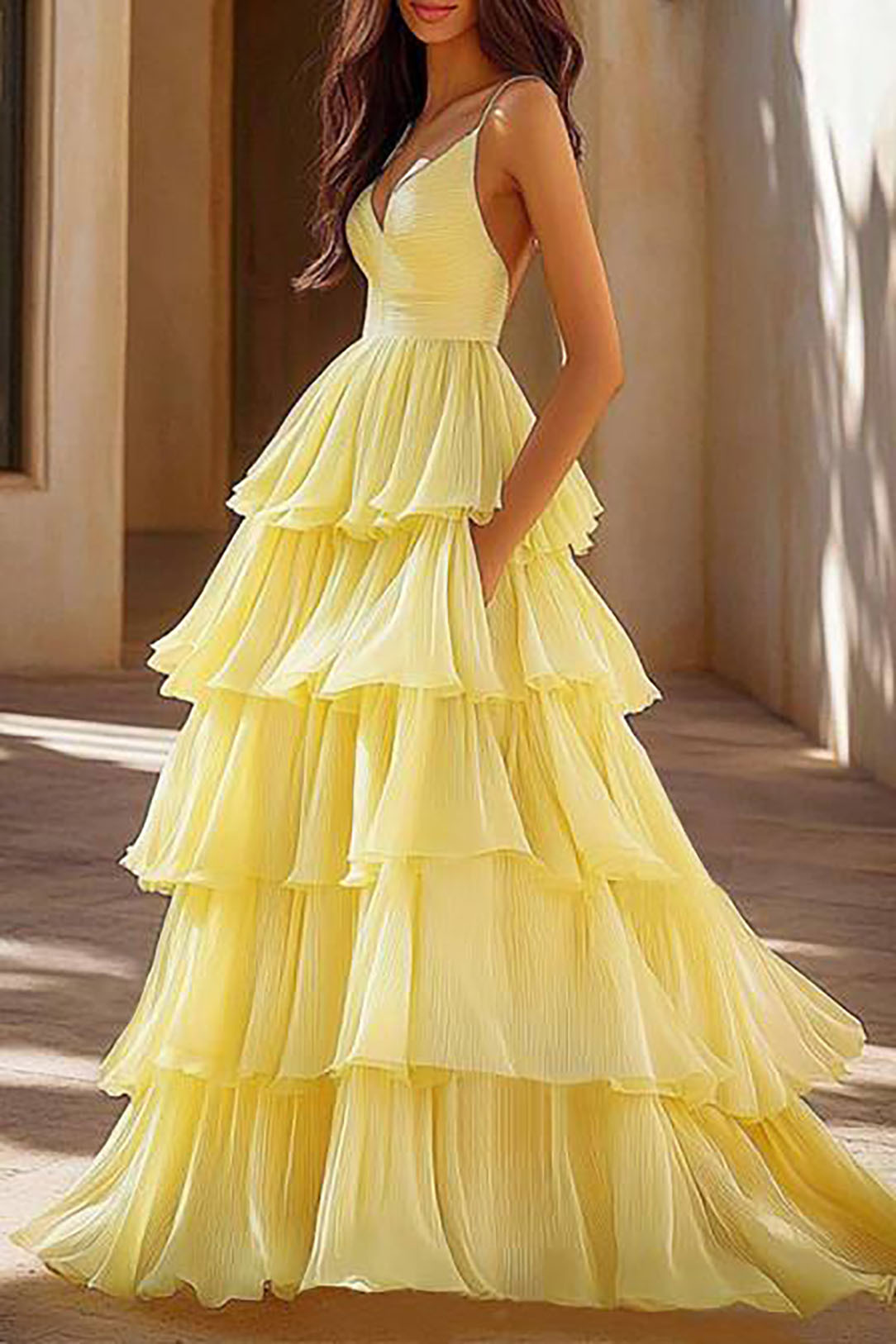 Party Holiday V-Neck Dress Pleated Yellow Spaghetti Strap Maxi Dress